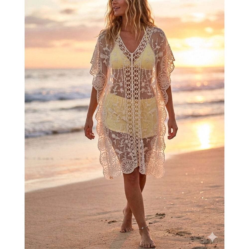 Rebellion Sheer Lace Crochet Boho Romantic Ivory Lace Layer Dress M Side Slits